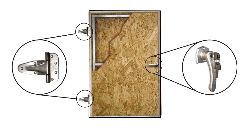 Tuff Shed Door Wooden door with Tuff Shed metal hinges and a handle. Close-up insets show detailed views of the hinge and handle with a key inserted.