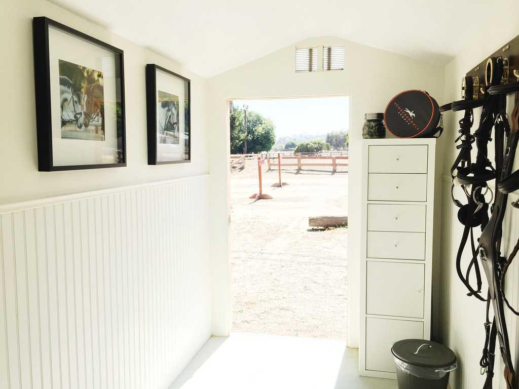 Bright tack room with white walls, horse photos, storage cabinets, horse bridles on the right, sunlight streaming from an open door to outdoor arena.