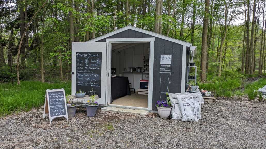 Small gray shed in a wooded area with open door, chalkboard signs, potted flowers, and bags of soil for sale outside.