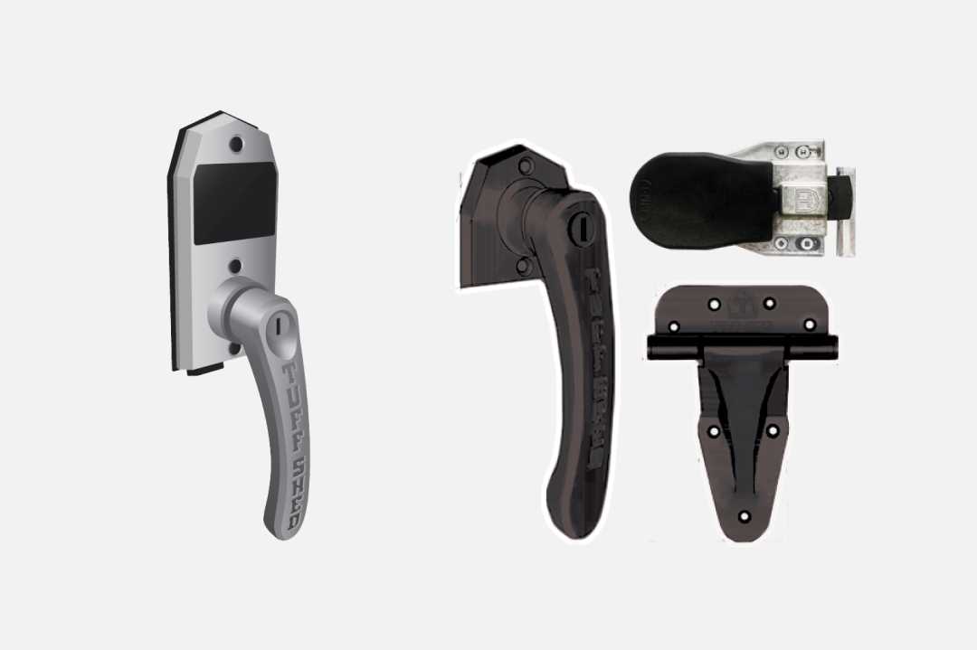 2 different style hardware options, a silver keyless door handle and a standard black door handle and hardware