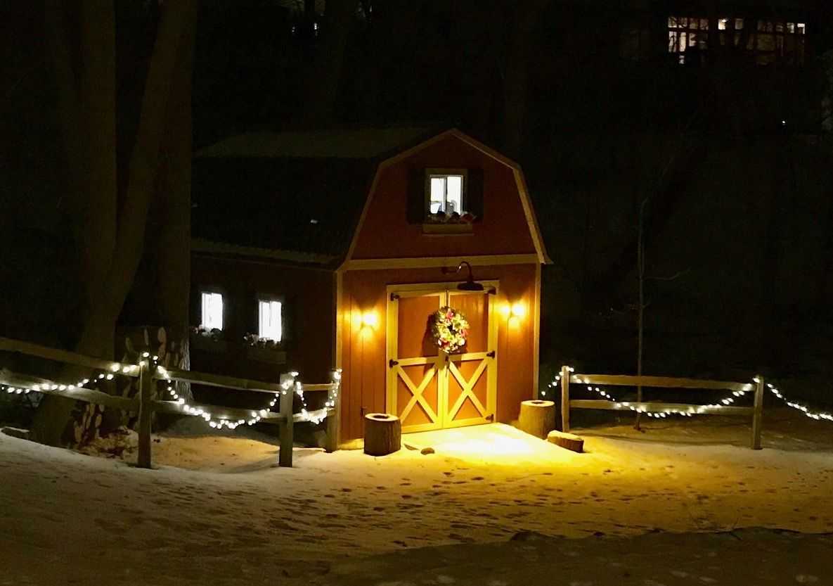 A Tuff Shed barn decorated with a wreath and lit by string lights stands in a snowy, wooded area at night.