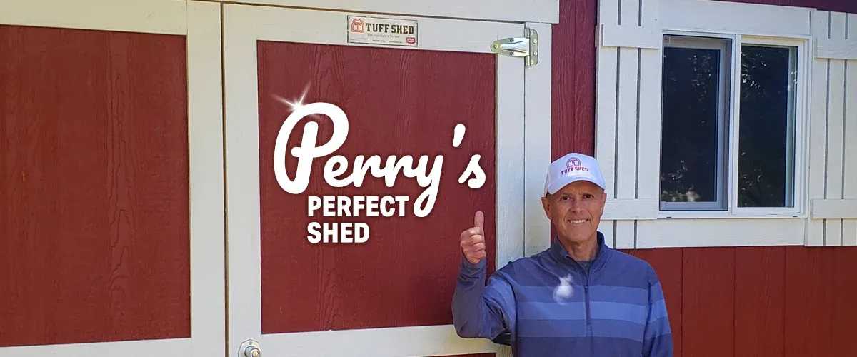 Man in a blue jacket and cap gives a thumbs-up in front of a red and white shed with the text "Perry's Perfect Shed."