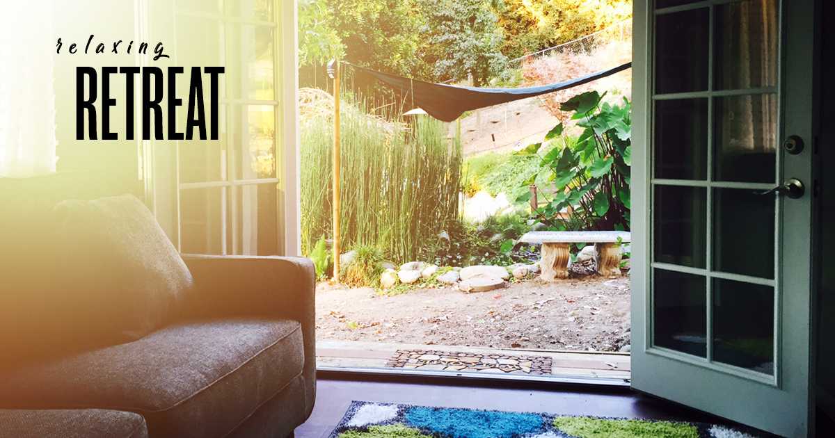 Relaxing Retreat Cozy room with open French doors leading to a sunny garden patio, featuring a hammock and lush greenery. Text reads "Relaxing Retreat."