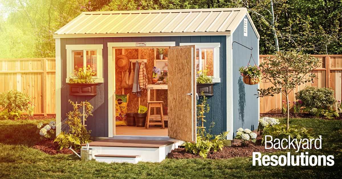 A cozy backyard shed with an open door, surrounded by flowers and greenery, under a sunny sky. Text reads "Backyard Resolutions."