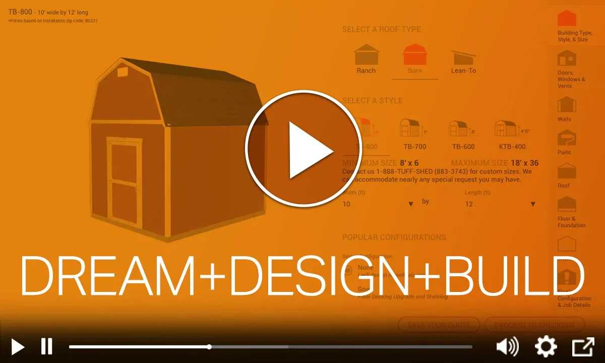 Orange-themed interface for designing a barn-style building, with a play button and the text "DREAM+DESIGN+BUILD" at the bottom.