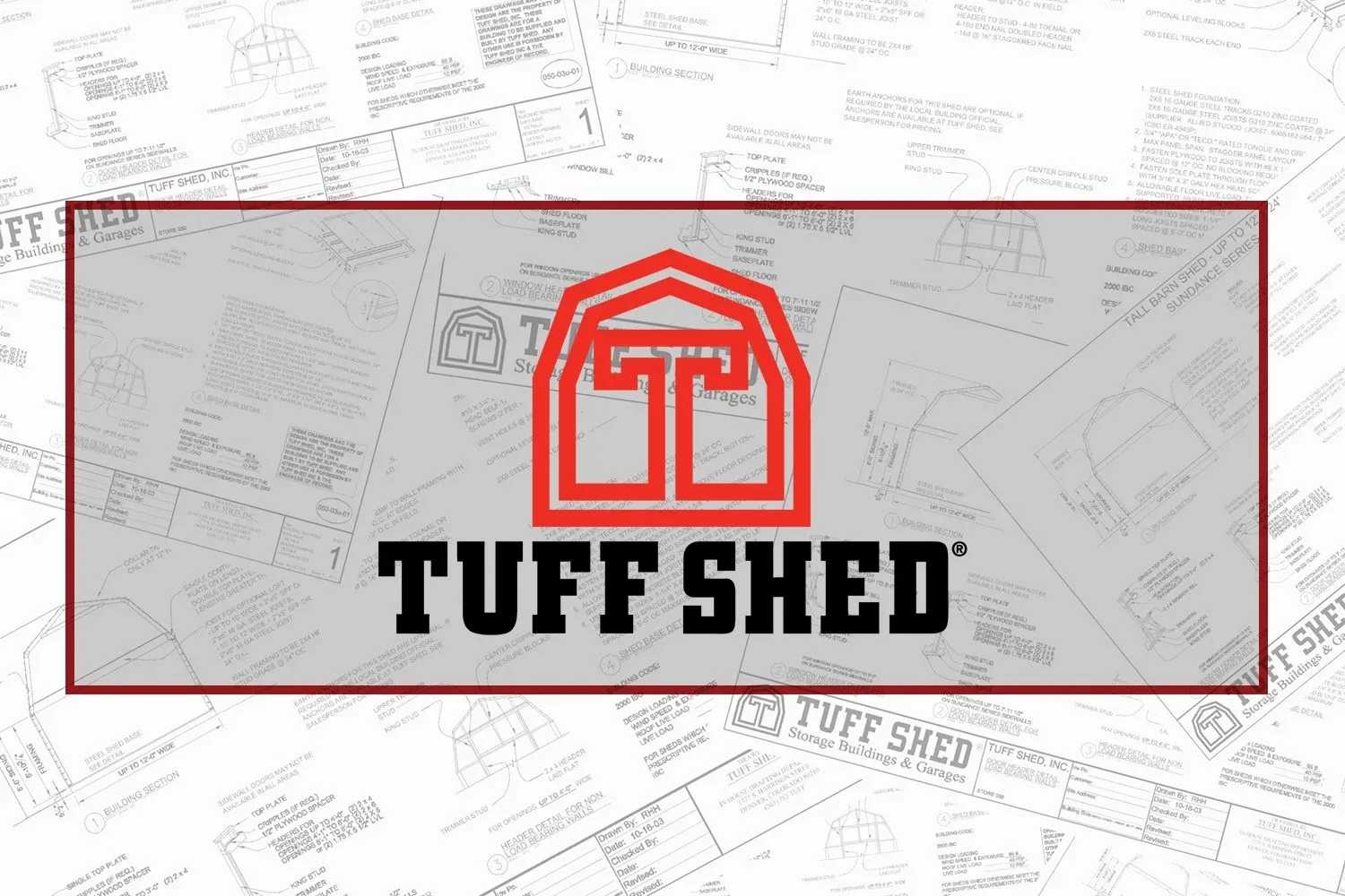 Tuff Shed logo in red and black overlaid on a background of blueprint sketches and design plans.