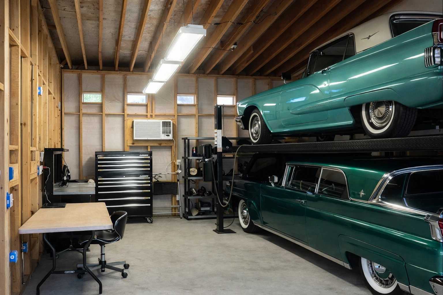 A garage with two vintage cars on a lift, tool cabinets, a workbench with a chair, and exposed wooden beams on the ceiling.