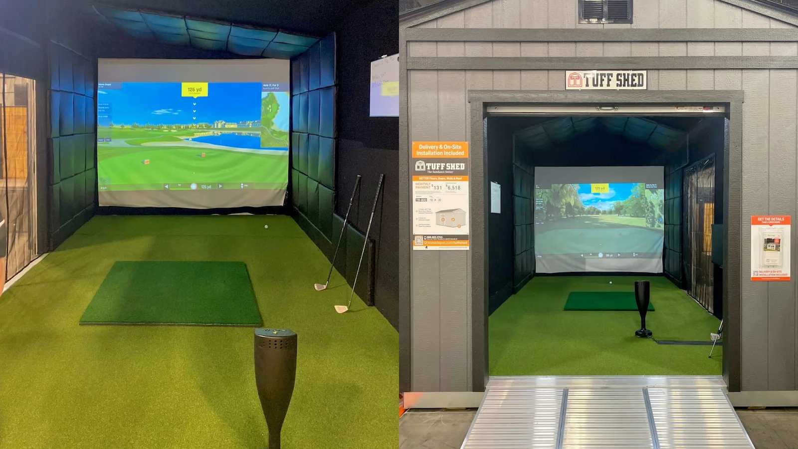 TR-800 golf simulator shed interior and exterior collage