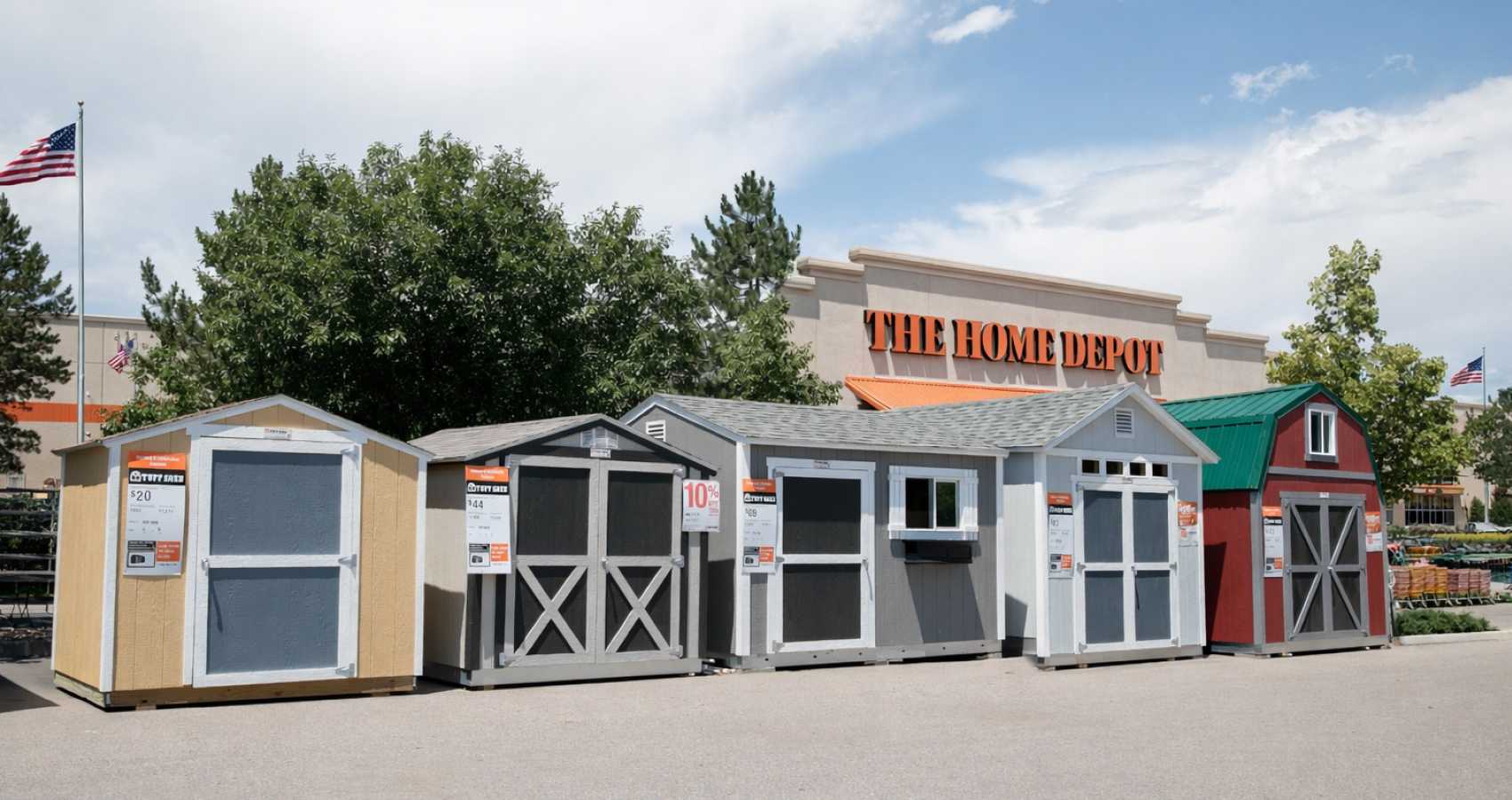 Several outdoor sheds in various colors are displayed outside a Home Depot store, with American flags and trees in the background.