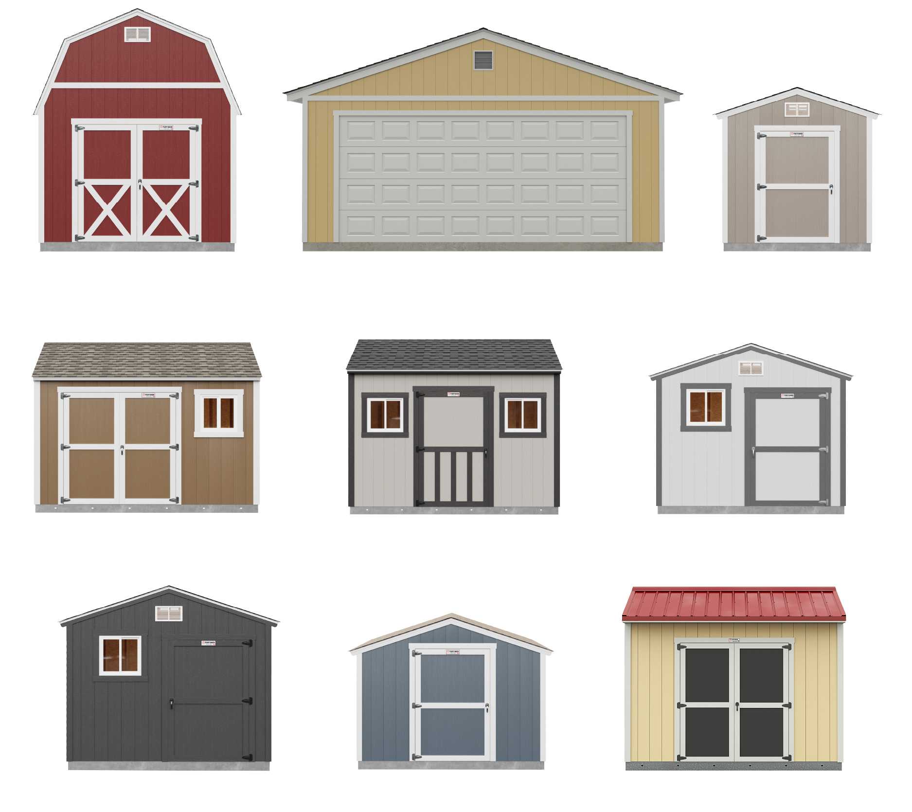 a line up of nine sheds of different style, color and purpose
