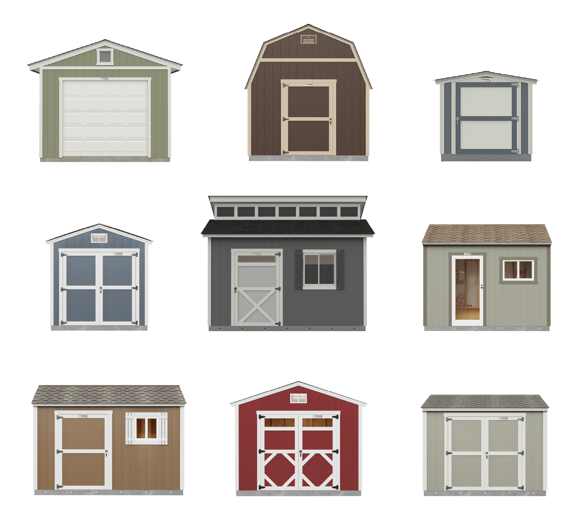 Nine Tuff Sheds, varying in color and style, including gable, barn, and modern styles, each with distinct doors and windows.