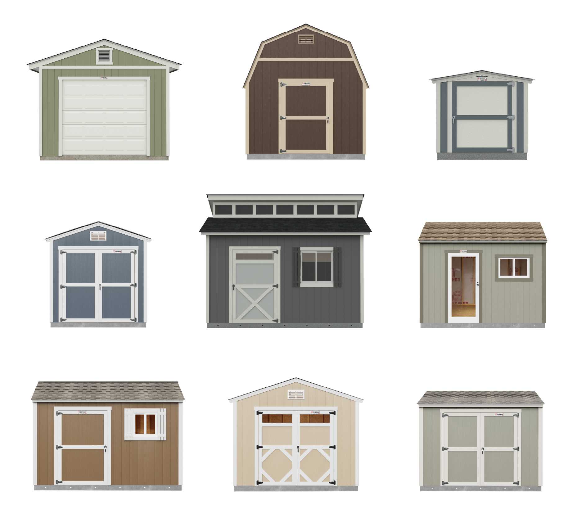 a line up of nine sheds of different style, color and purpose