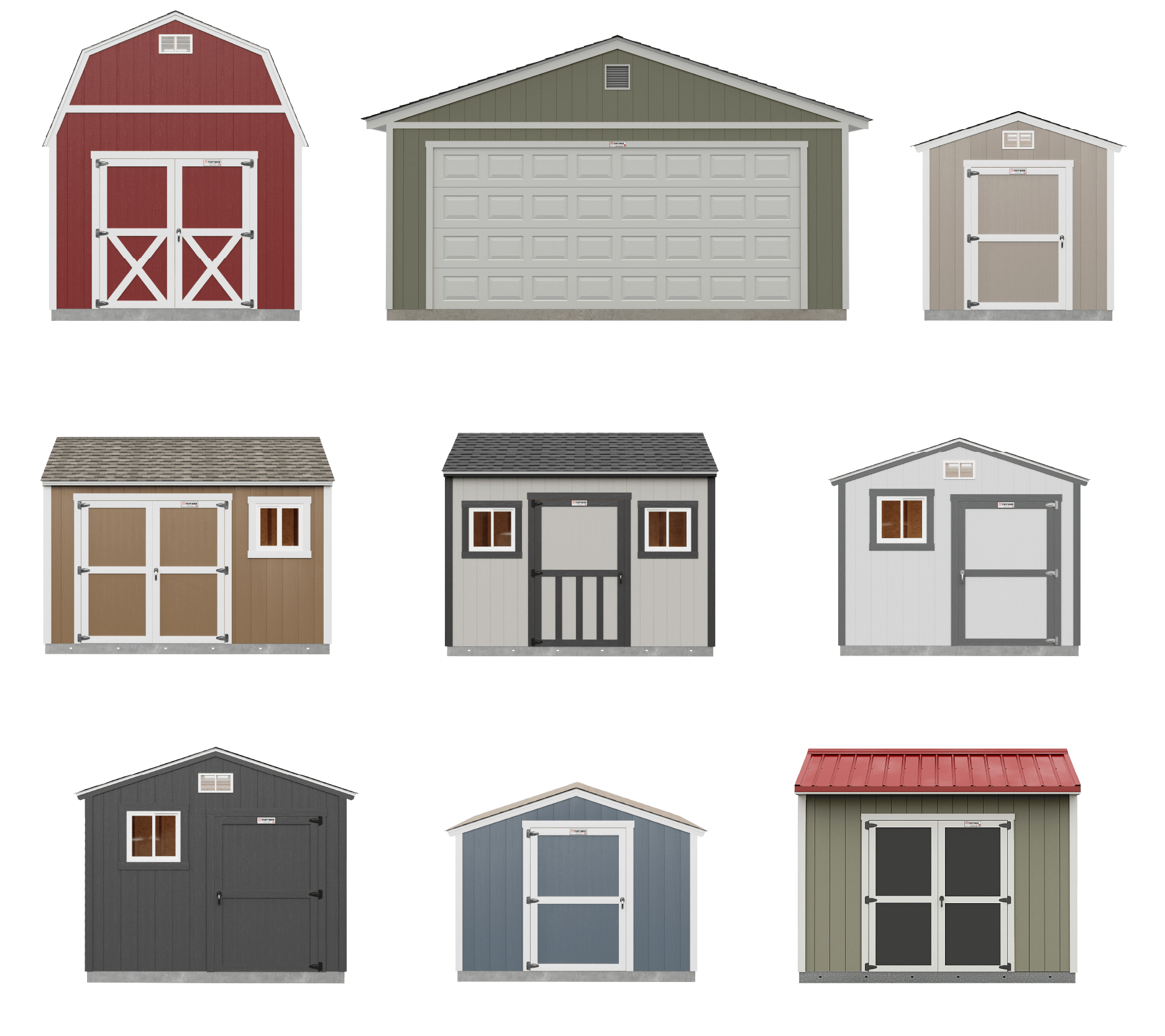 Nine Tuff Sheds, varying in color and style, including barns, garages, and storage units, shown in a grid layout.