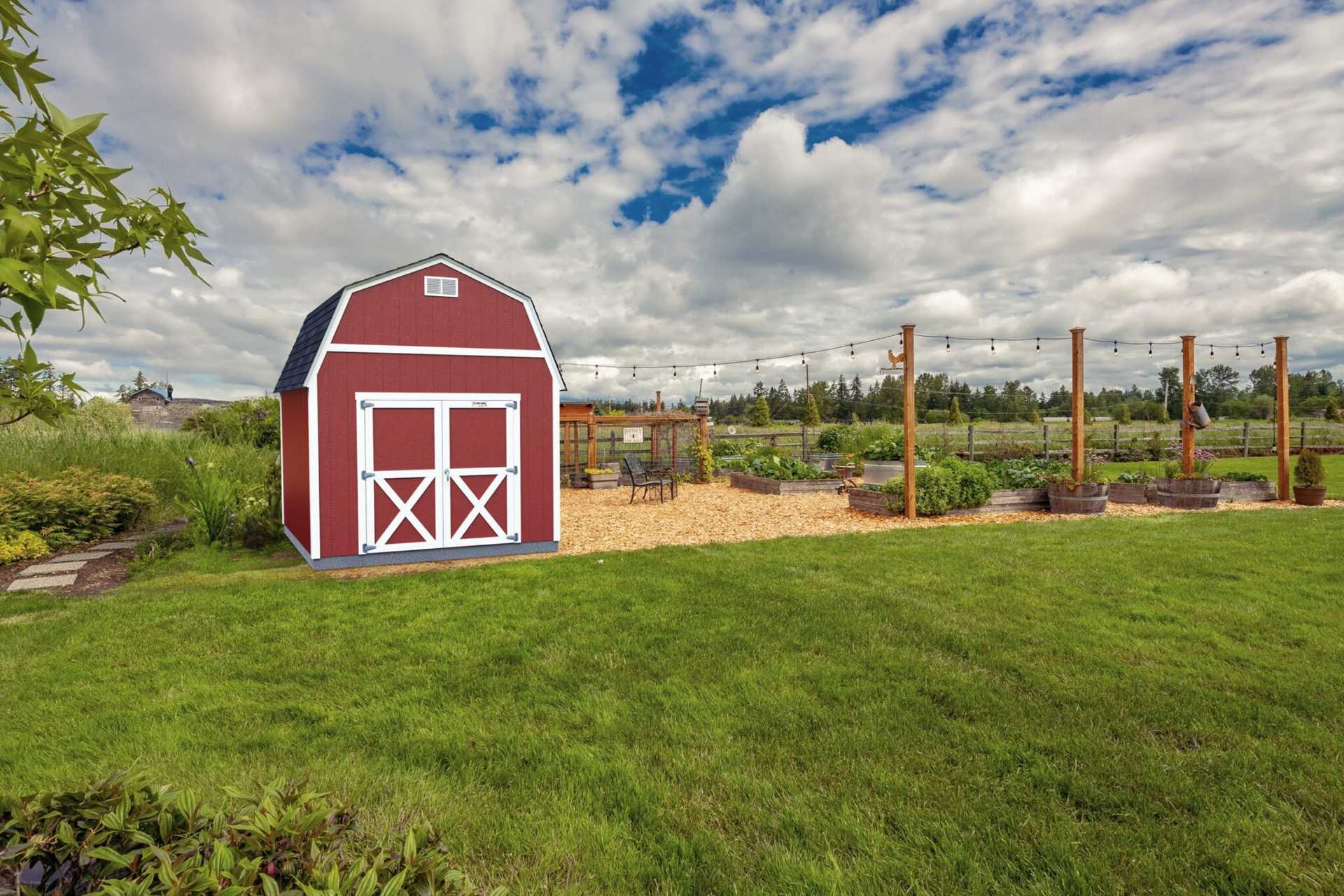 A red TB-700 shed used for gardening.