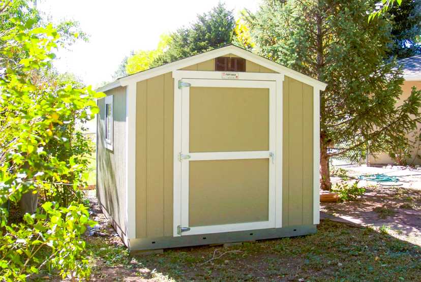yellow style shed with white trim