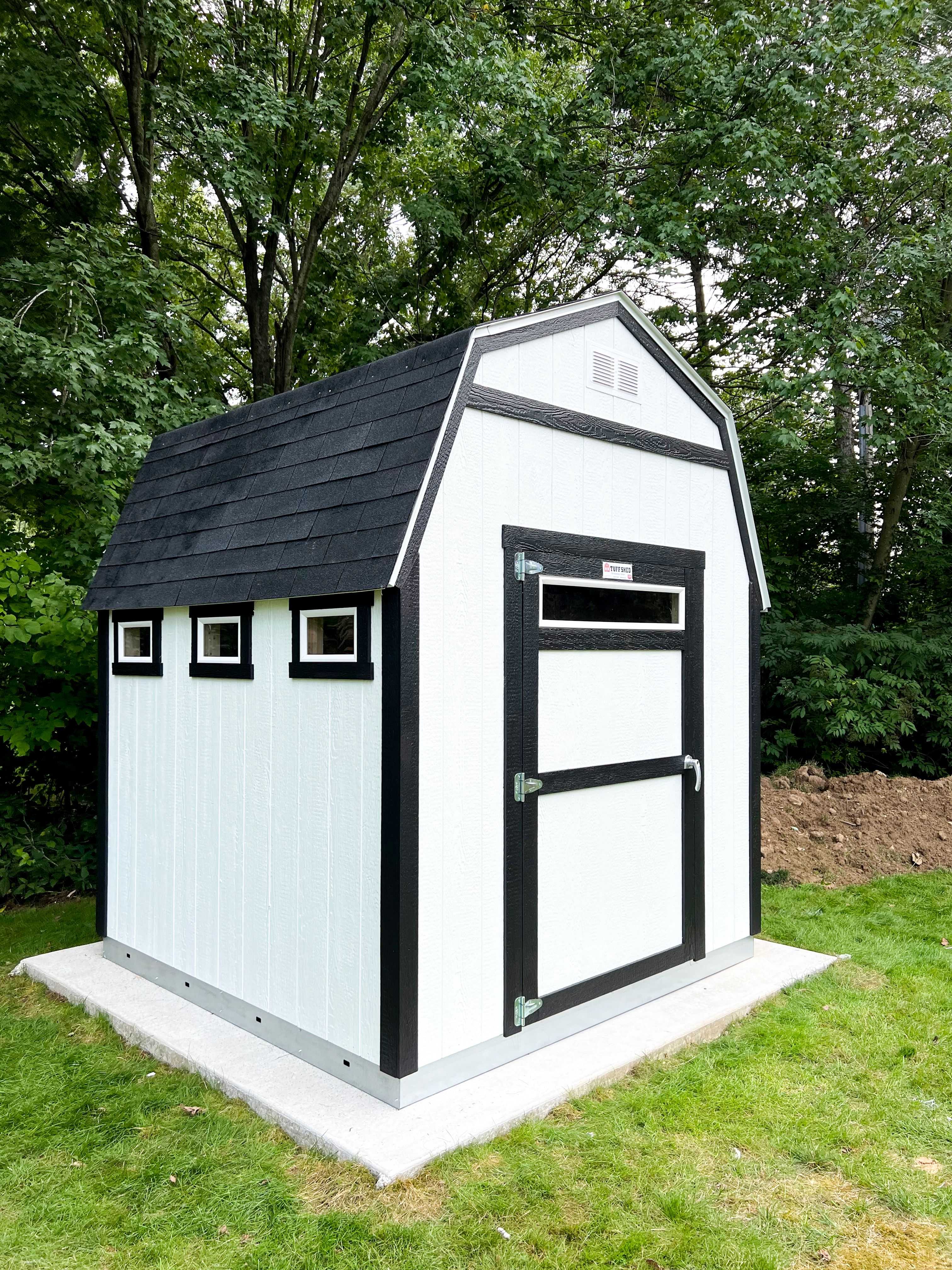 TB600 white shed with black trim, three windows, and a door, set on a concrete slab