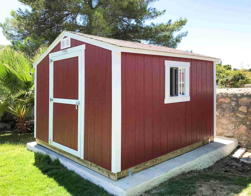 red shed with a window