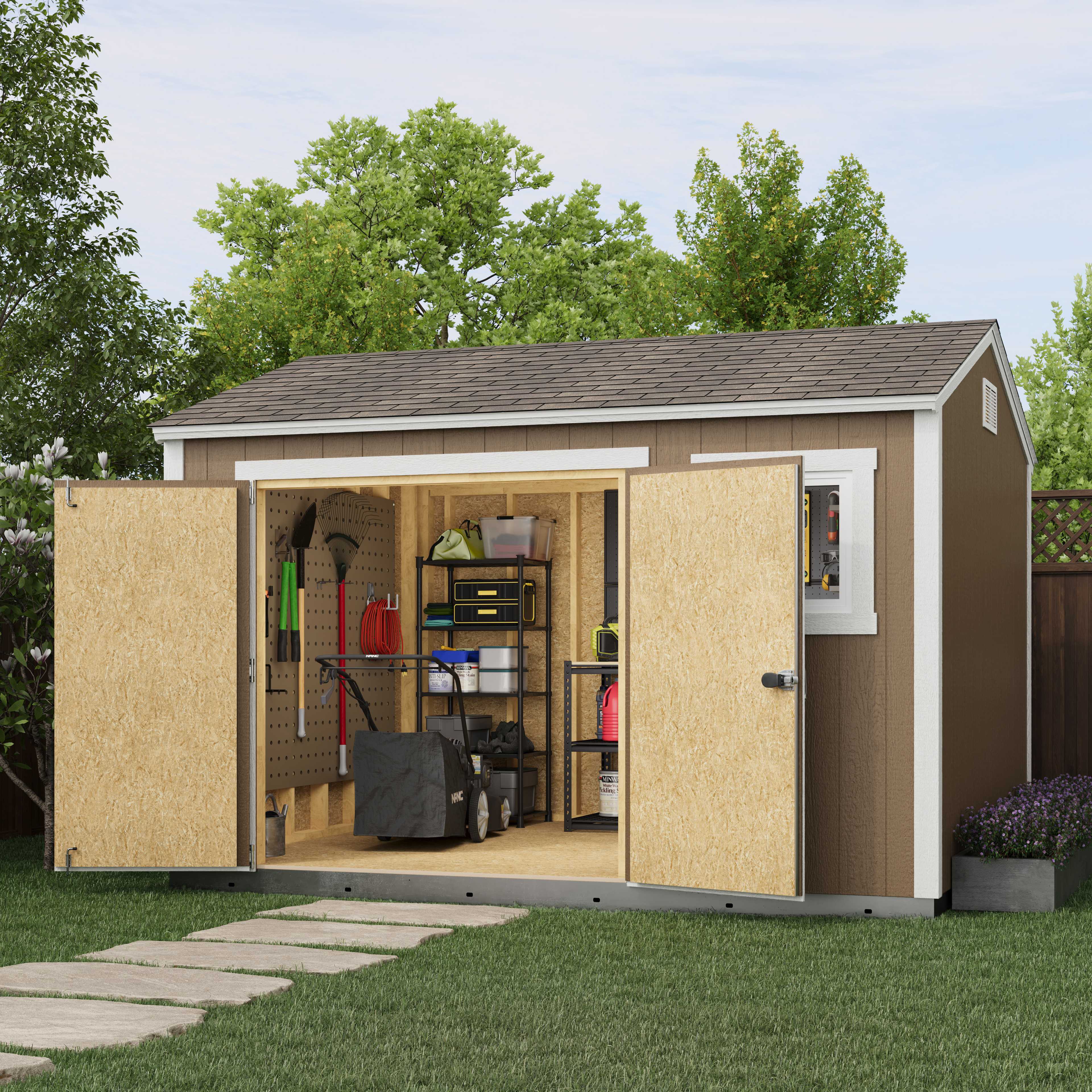 A brown garden shed with open doors revealing organized shelves, tools, and a lawnmower inside. Surrounded by trees and grass.