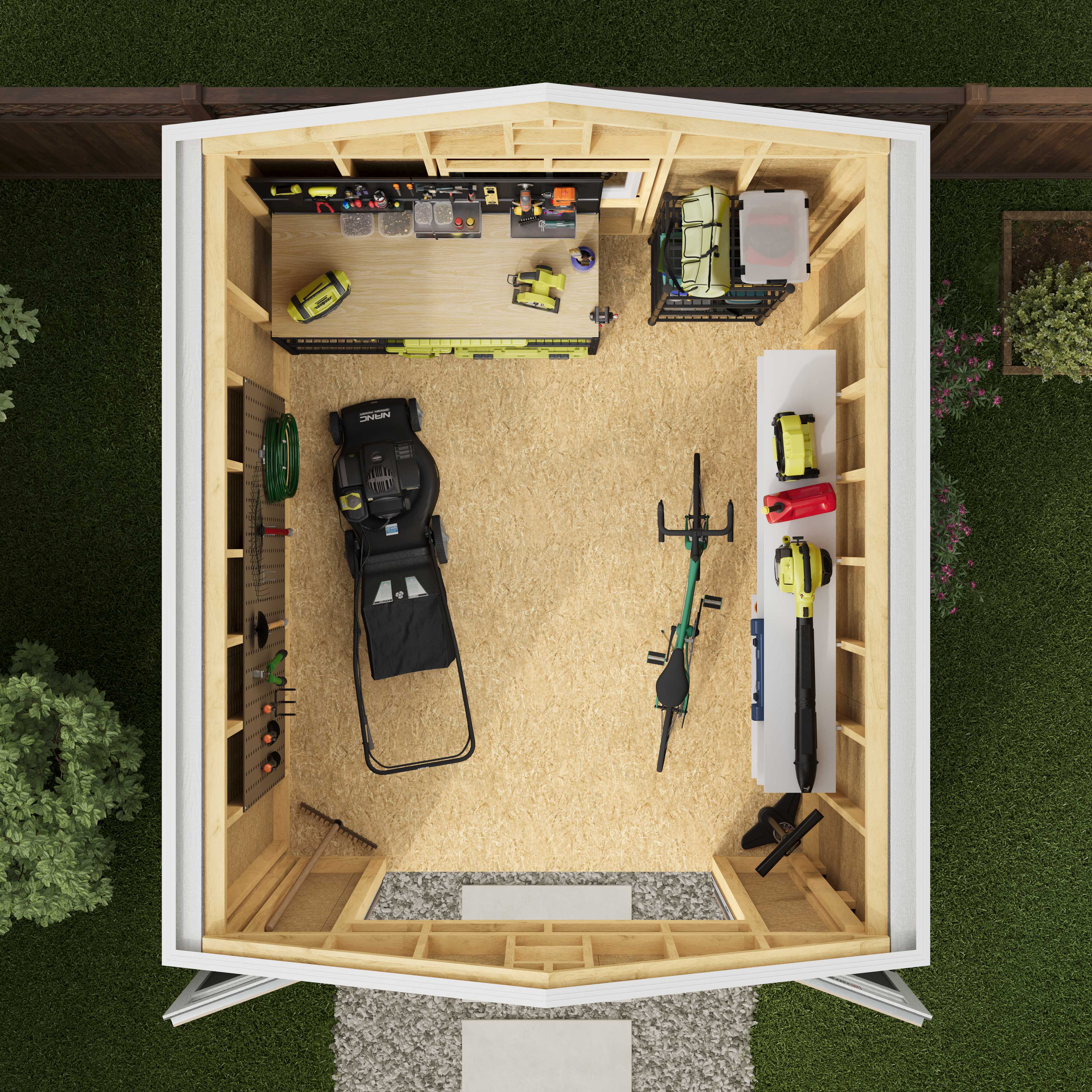 Top view of an organized shed with tools, a lawnmower, bicycle, shelves, and a workbench. Neat layout on a wooden floor, surrounded by grass.
