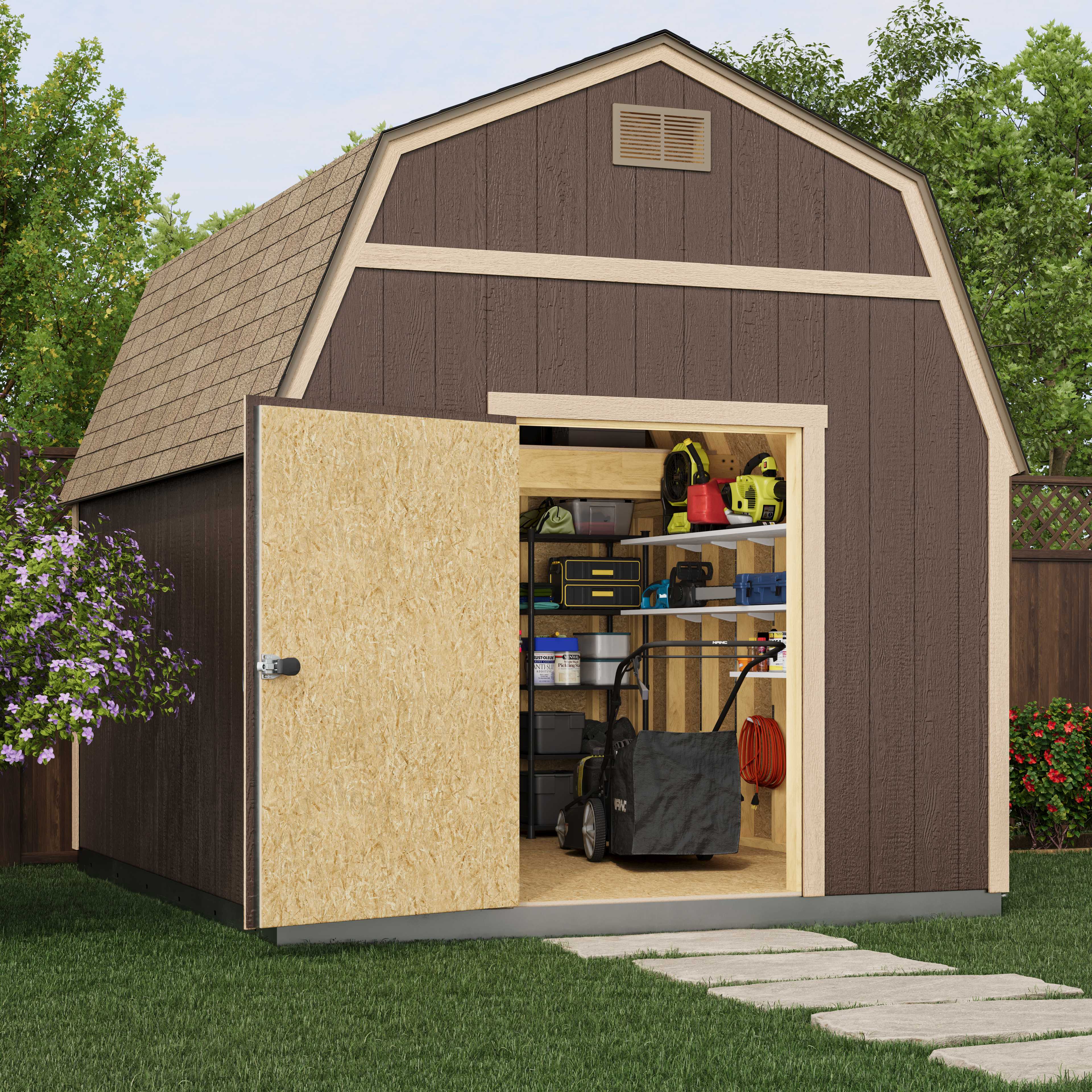 A brown garden shed with a partially open door revealing tools and equipment inside, surrounded by greenery and a stone path.