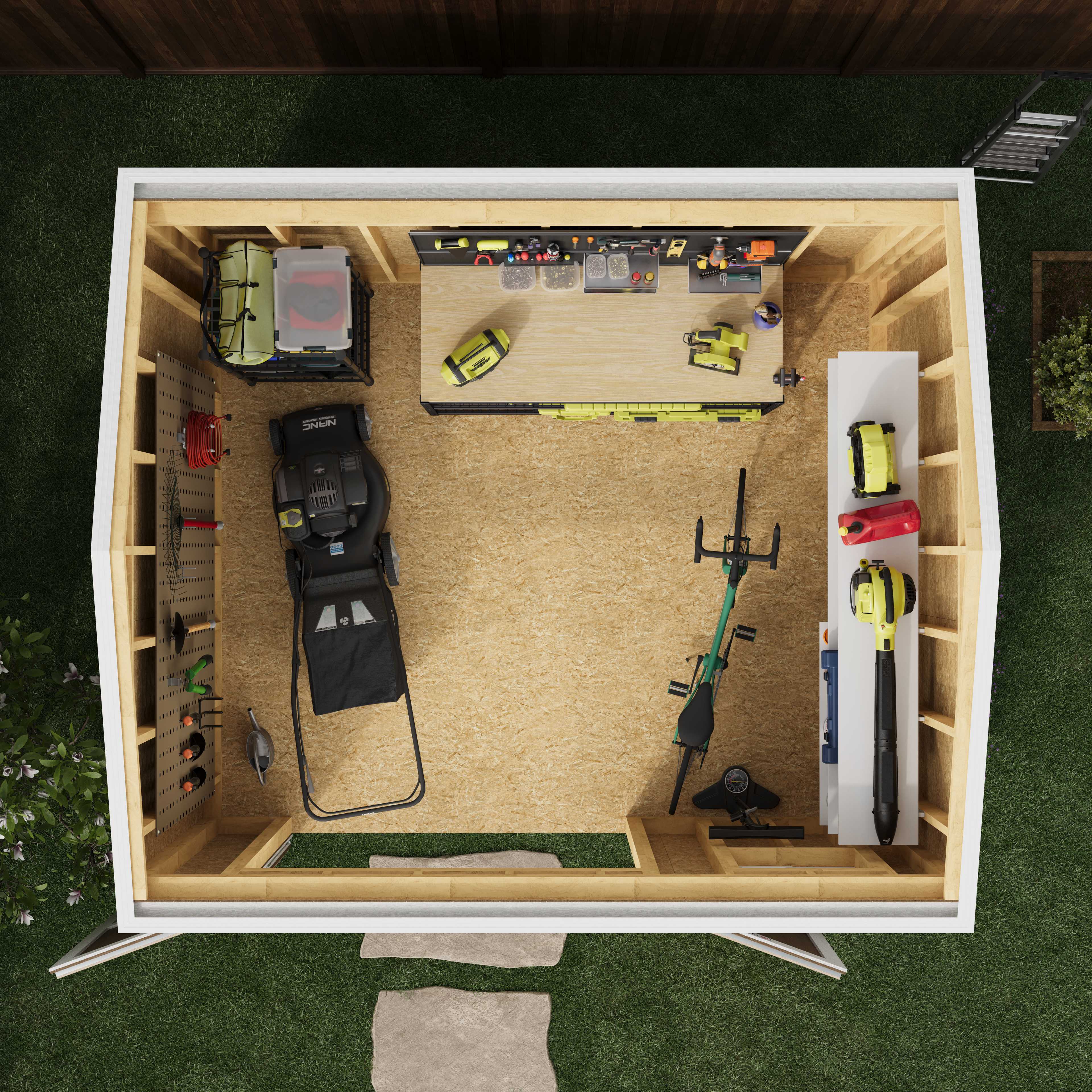 Top view of a well-organized shed with a bicycle, lawnmower, workbench with tools, shelves with equipment, and tidy layout on a wooden floor.