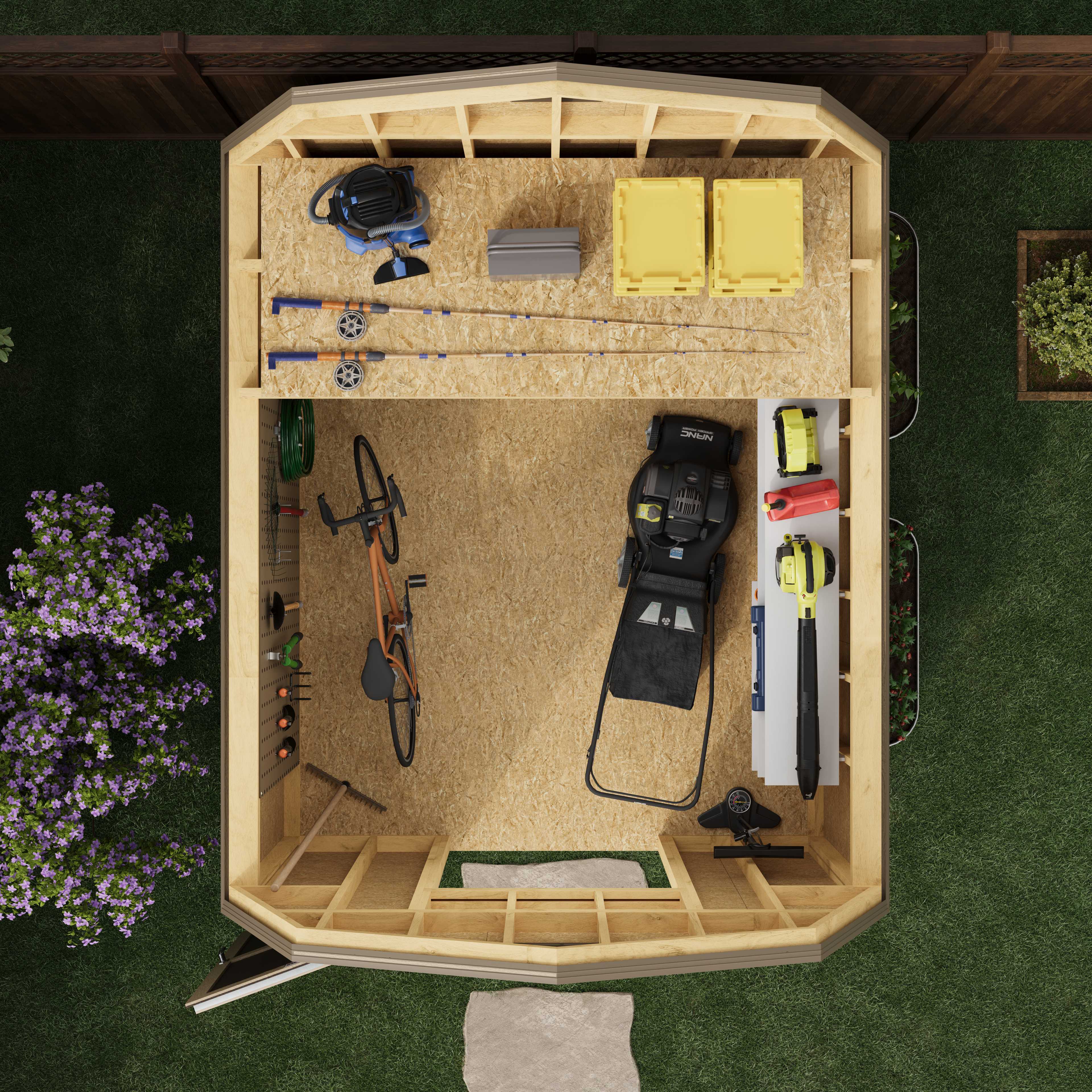 Top view of a garden shed interior with neatly organized tools, a bicycle, lawn mower, leaf blower, fishing rods, and storage boxes on wooden shelves.