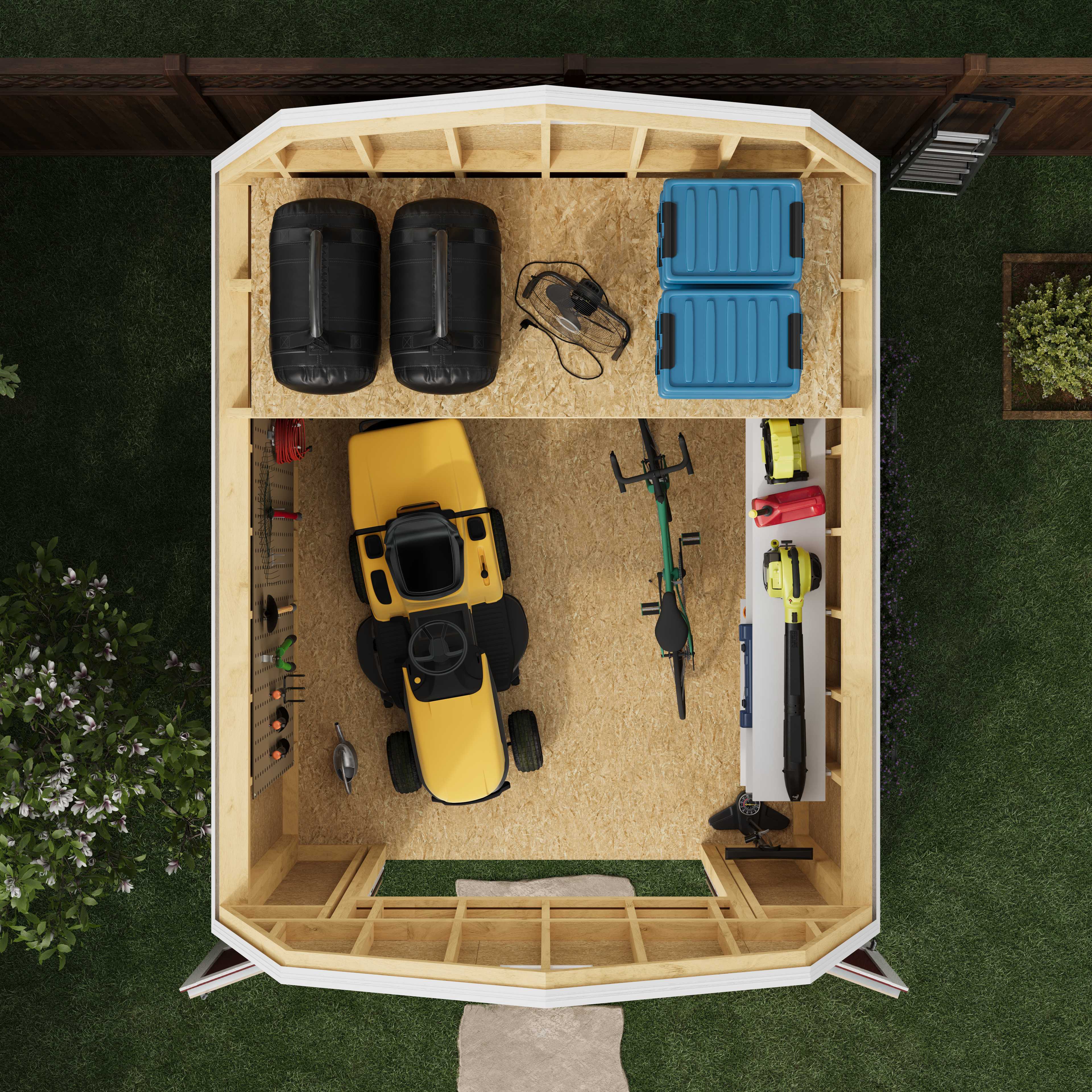 Overhead view of a shed with a yellow lawnmower, bicycle, garden tools, leaf blower, two blue storage bins, and two large black bags.