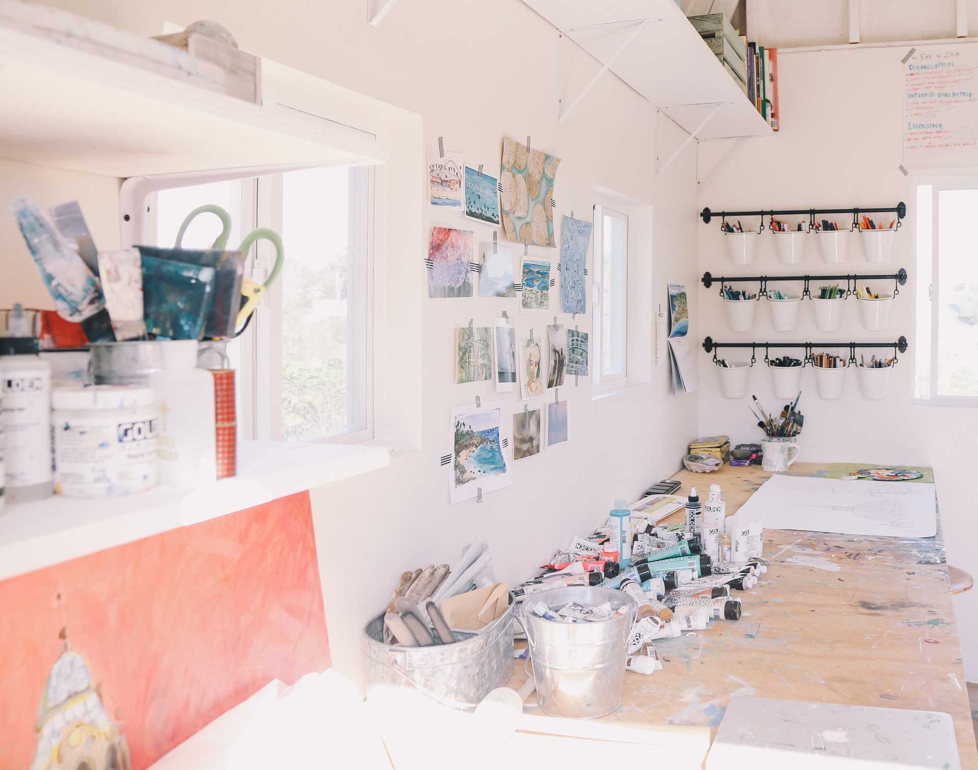 The finished TB700 art studio 3 Interior view of her work bench with all the art supplies on top