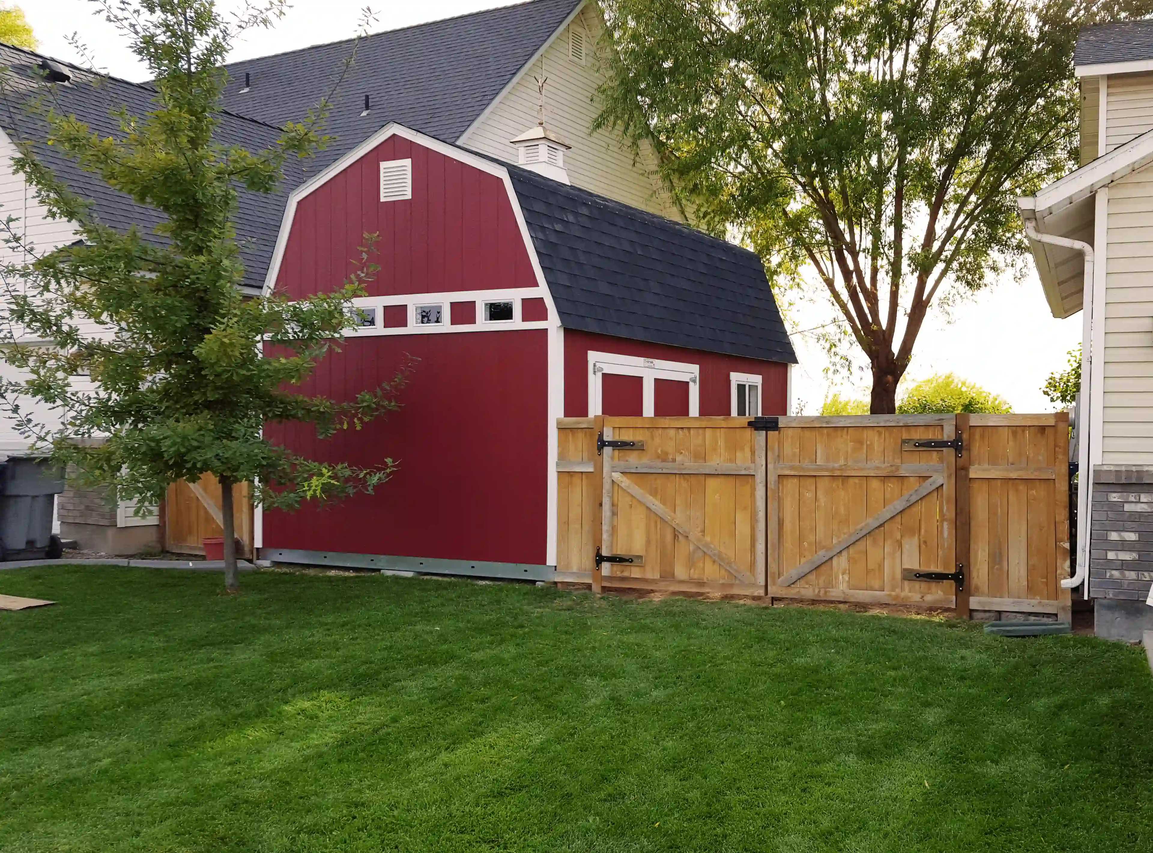 A red barn-style shed with a black roof in a backyard, adjacent to a wooden fence and a tree, set on a neatly mowed grass lawn.