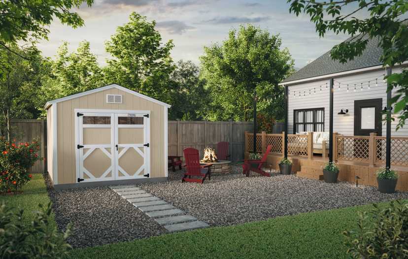 Backyard with a beige shed, fire pit surrounded by red chairs, wooden deck with string lights, and lush green trees and grass.