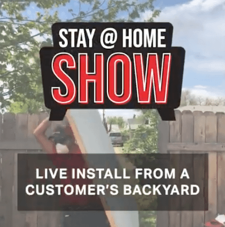Person installing a large object in a backyard, with text overlay: "Stay @ Home Show - Live Install from a Customer's Backyard."