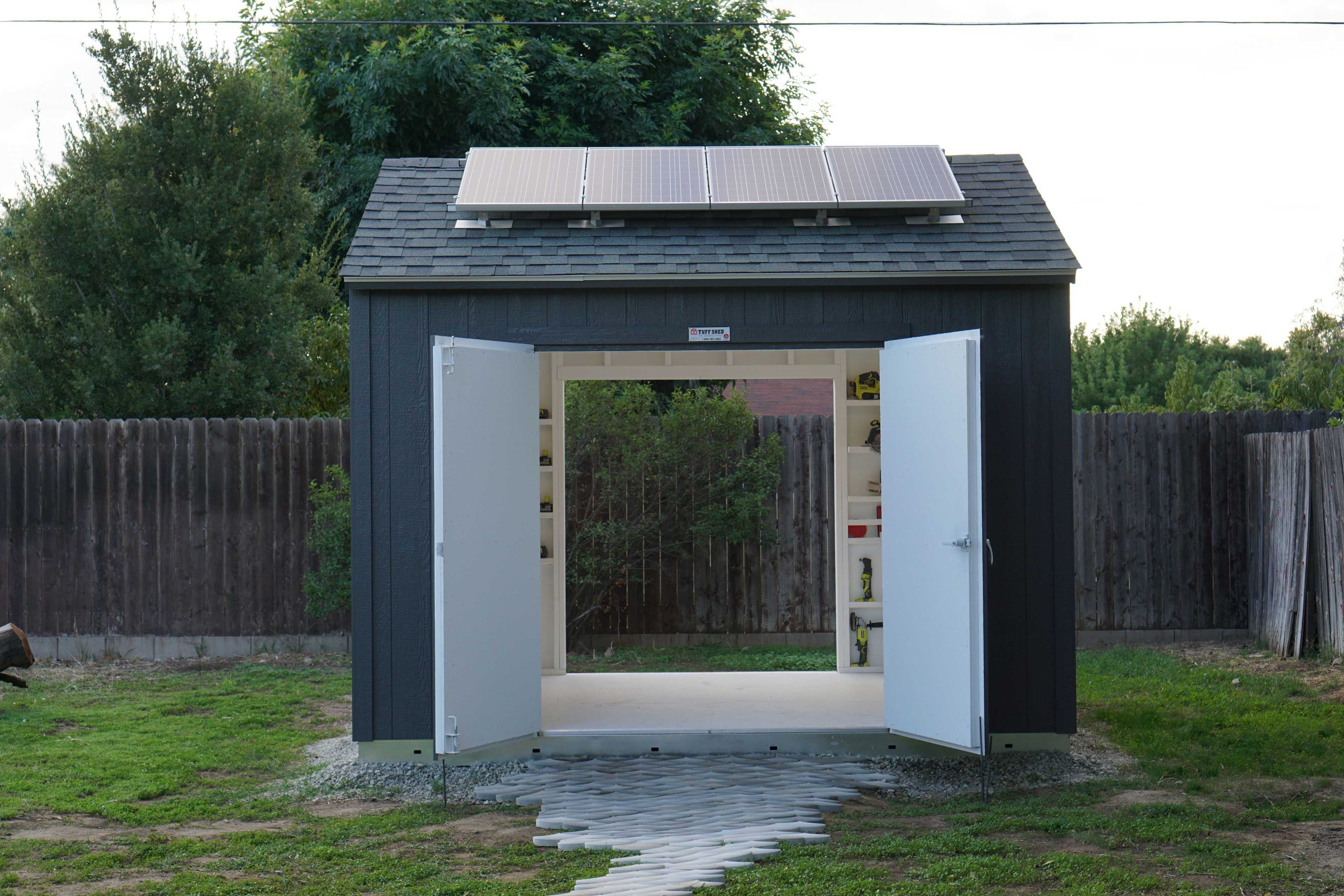 The TR-800 Tuff Shed workshop with both sets of double doors open.