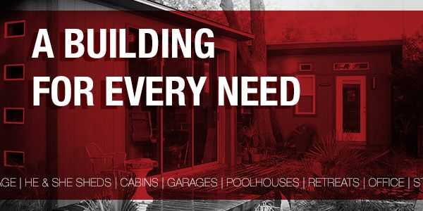 Red-tinted image of small modern buildings with text: "A Building for Every Need" and various types listed below, like cabins and garages.