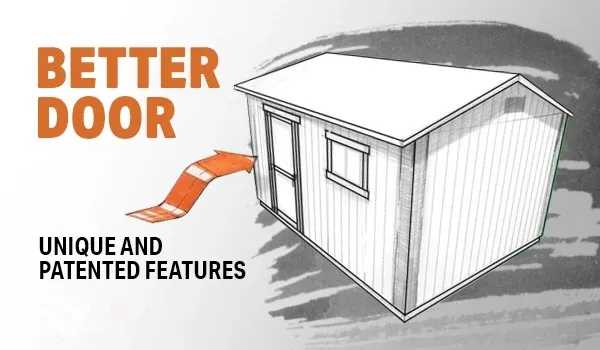 Illustration of a shed with an arrow pointing to the door, labeled "Better Door" and "Unique and Patented Features."