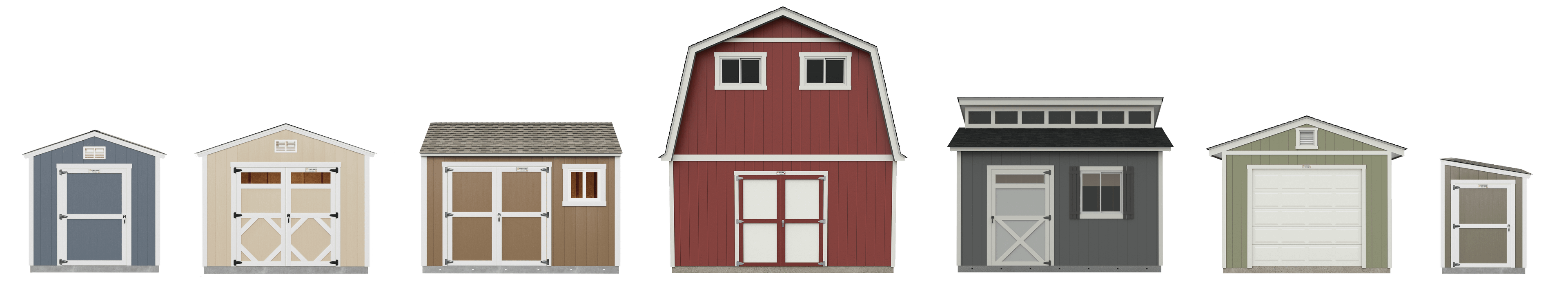 a line up of 7 different style sheds from two story barn to a small lean-to shed