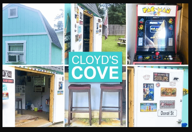 Collage of a teal shed with "Cloyd's Cove" sign, arcade machine, bar stools, and various vintage signs.