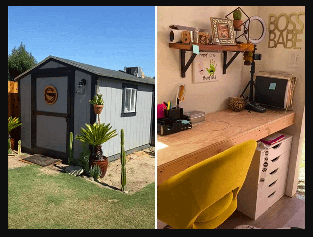 Left: A small gray shed with plants outside. Right: A home office with a wooden desk, yellow chair, and decor items on shelves.