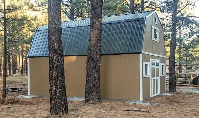 A large brown and white barn with a metal roof stands among tall pine trees in a forested area.