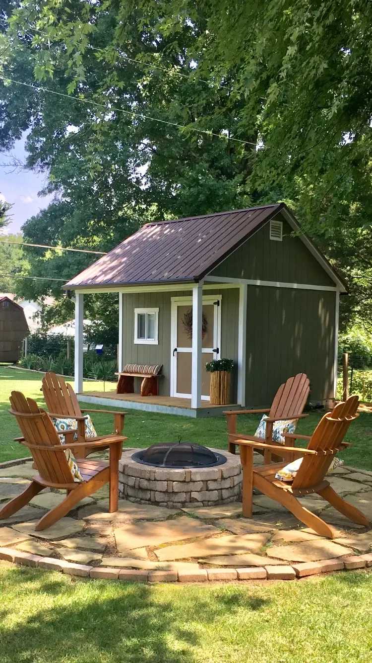 Small green garden shed with a front porch, surrounded by trees. Four wooden chairs circle a stone fire pit on a patio.