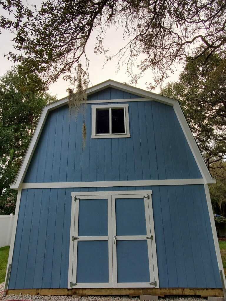 Gordon’s TB800 Storage Shed Blue TB800 shed with white trim, double doors, and a small window, surrounded by trees and a white fence.