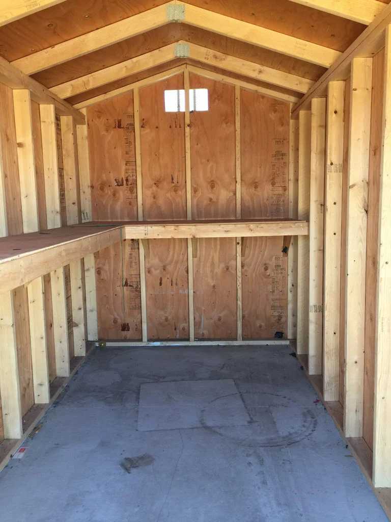 Interior of an empty wooden storage shed with exposed framing, a small window, and workbench against a wall.