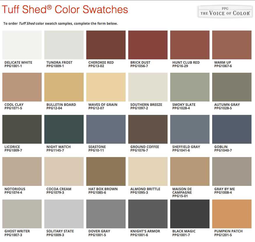Tuff Shed Color Swatches A grid of 24 Tuff Shed color swatches with names and codes