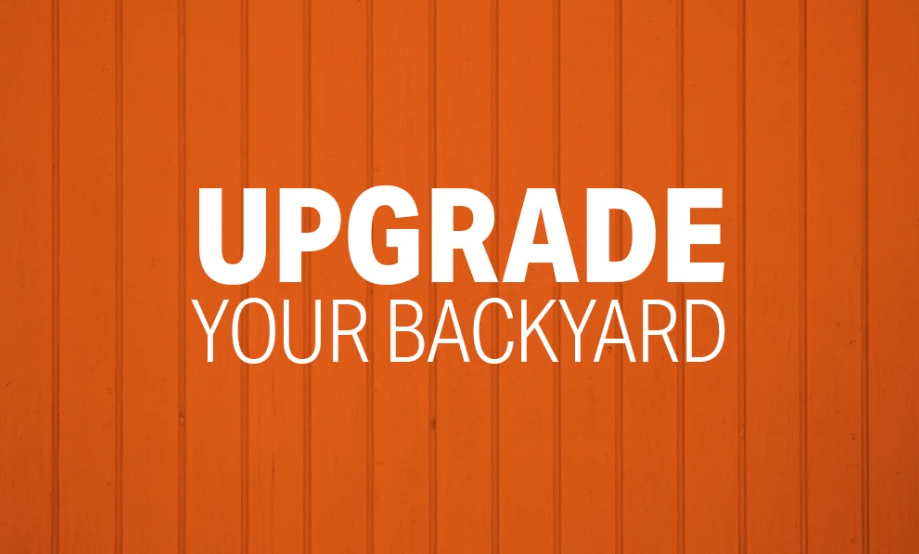 Text "Upgrade Your Backyard" on an orange wooden panel background.