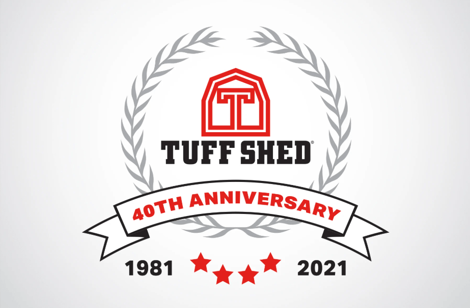 Tuff Shed 40th Anniversary logo featuring a red shed icon, laurel wreath, and "1981-2021" with red stars on a white background.