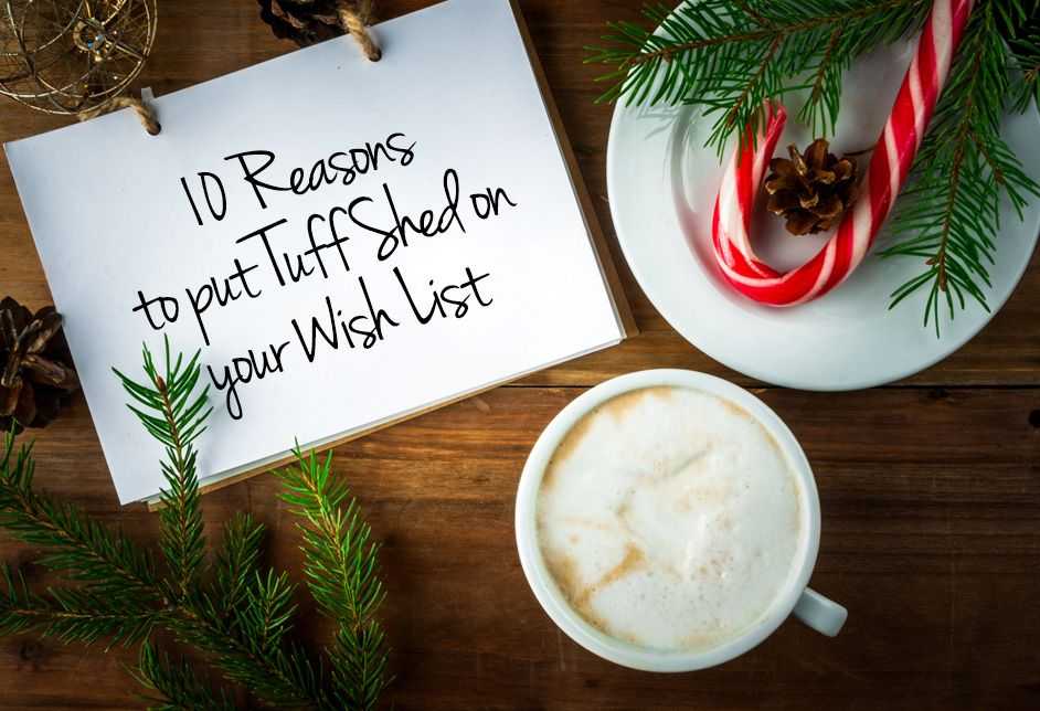 A cup of coffee, a candy cane on a plate, pine branches, and a card reading "10 Reasons to put Tuff Shed on your Wish List" on a wooden table.